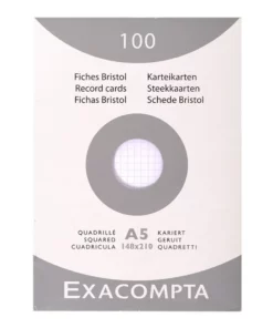 100 Fiches Bristol - A5 - Petits Carreaux - Non Perforées - Blanc