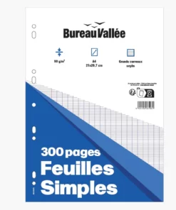 Feuilles Simples- 300 pages - A4 - Grands carreaux - Perforées 90g Bureau Vallée -