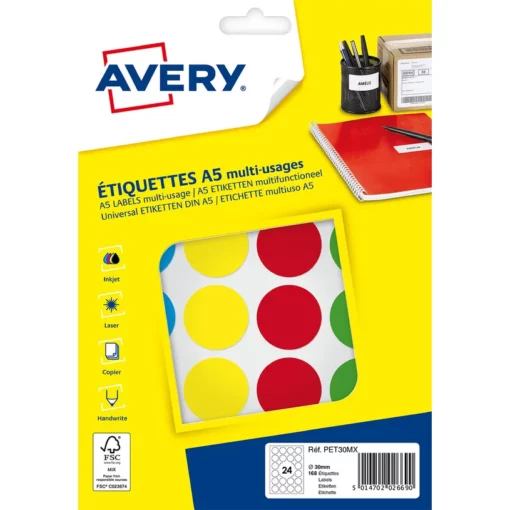 Avery - Etui A5 - 168 Pastilles adhésives - couleurs assorties - diamètre 30 mm