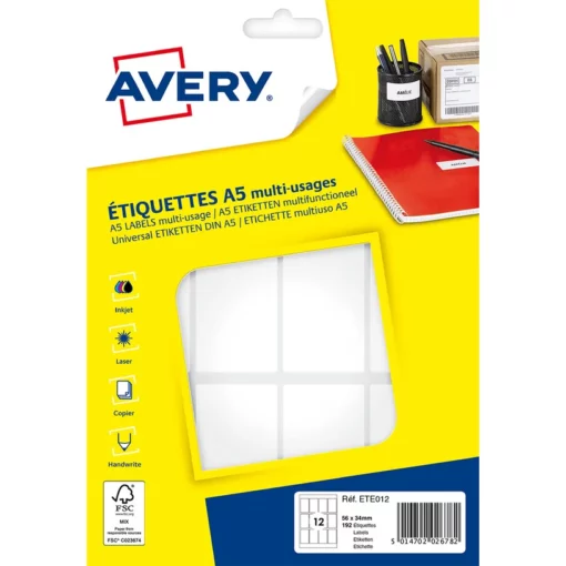 Avery - Etui A5 - 192 Étiquettes multi-usages blanches - 56 x 34 mm